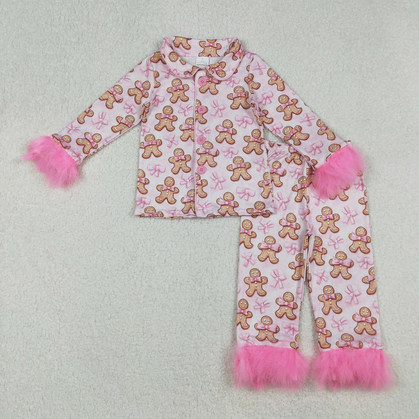 GLP2374 Baby Girls Pink Fur Sleeves Bows Gingerbread Button Top Pants Christmas Pajamas Set  D 1018