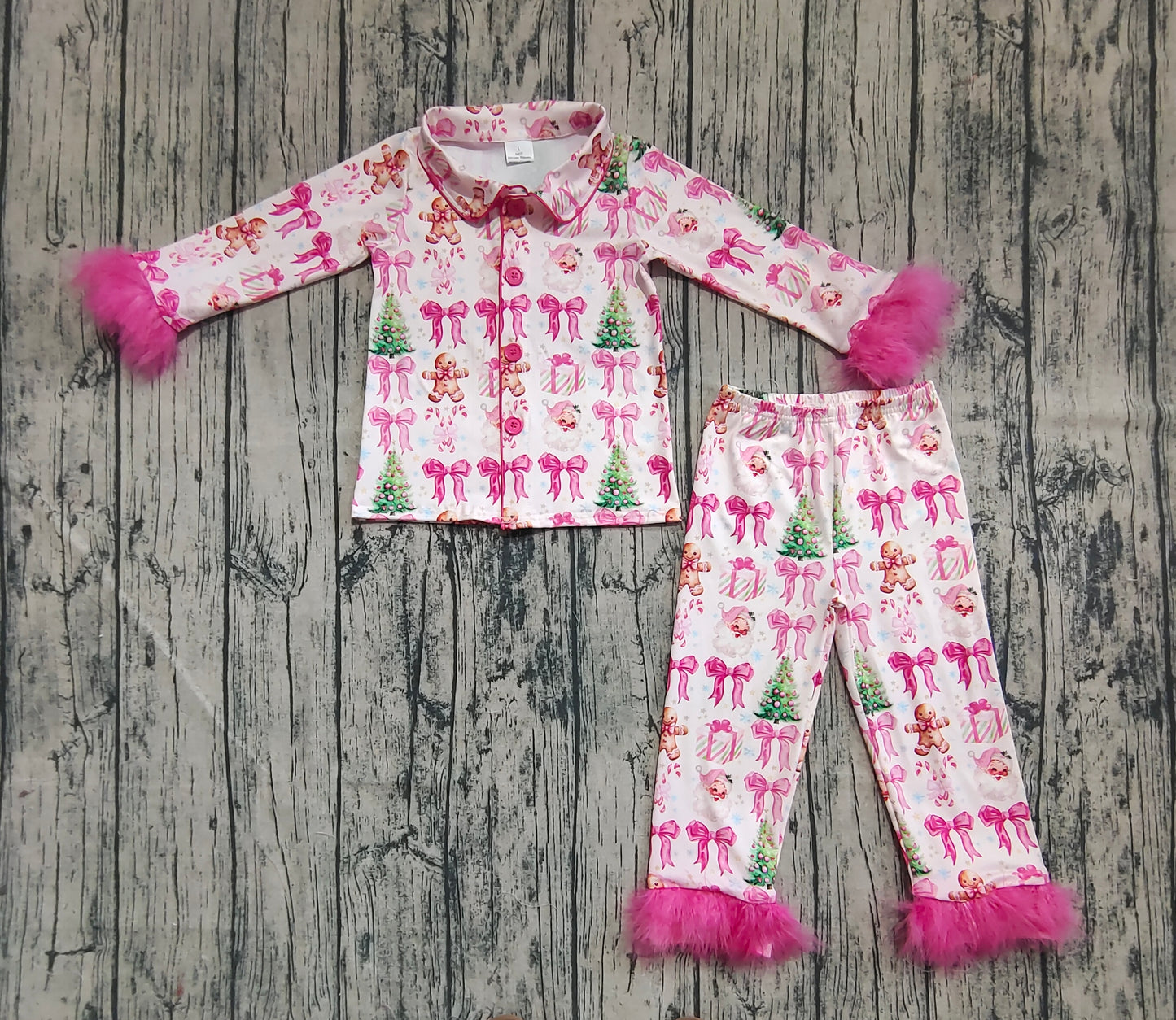 GLP2375 Baby Girls Hot Pink Long Sleeves With Fur Bows Gingerbread Trees Button Top Pants Set   D 7.12