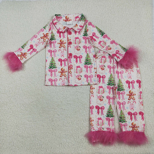 GLP2375 Baby Girls Hot Pink Long Sleeves With Fur Bows Gingerbread Trees Button Top Pants Set   D 7.12