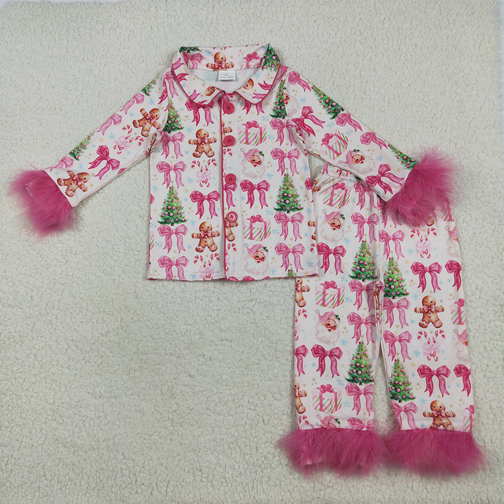 Sibling Baby Girls Christmas Fur Sleeve Bows Buttons Top Pants Pajamas Sets