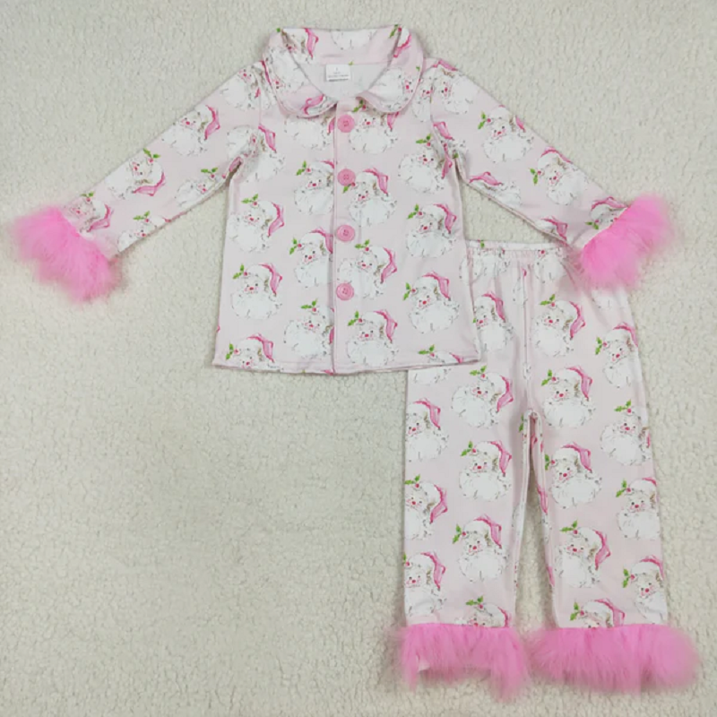 Sibling Baby Girls Christmas Fur Sleeve Bows Buttons Top Pants Pajamas Sets