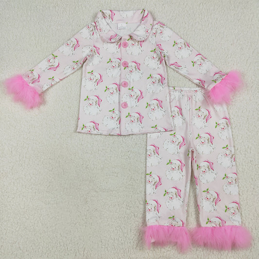 GLP2376 Baby Girls Pink Long Sleeves With Fur Santa Button Top Pants Pajamas Set