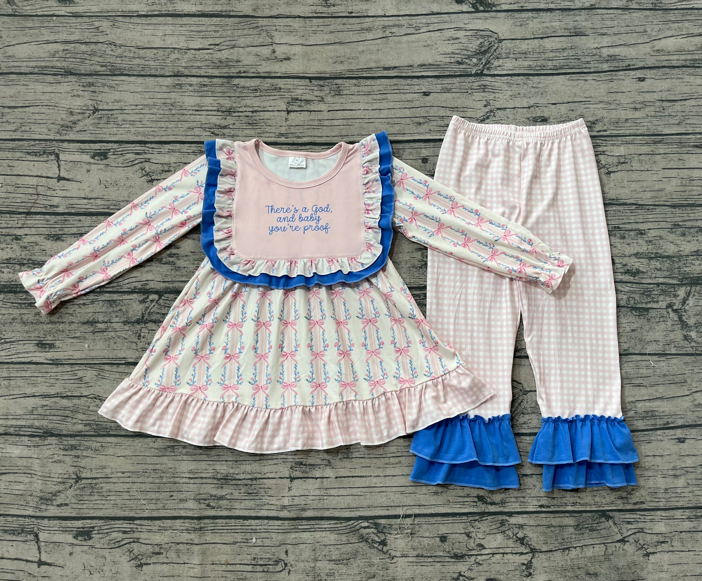 GLP2379 Baby Girls Long Sleeves Pink Floral Stripe Tunic Ruffle Pants Set  D 920