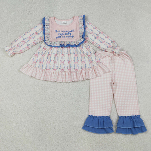 GLP2379 Baby Girls Long Sleeves Pink Floral Stripe Tunic Ruffle Pants Set D 920