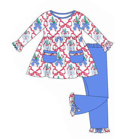 presale GLP2383 Baby Girls Bows Plaid Gingerbread Pocket Tunic Legging Pants Set D 5.23