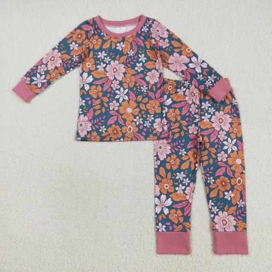 GLP2385 Baby Girls Fall Flower Floral Pajamas Set