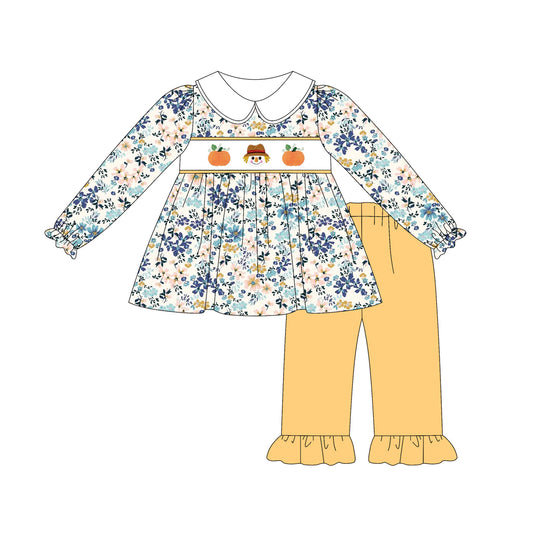 presale GLP2387 Baby Girls Long Sleeves Pumpkins Floral Tunic Yellow Ruffle Pant Clothes Set D 5.23