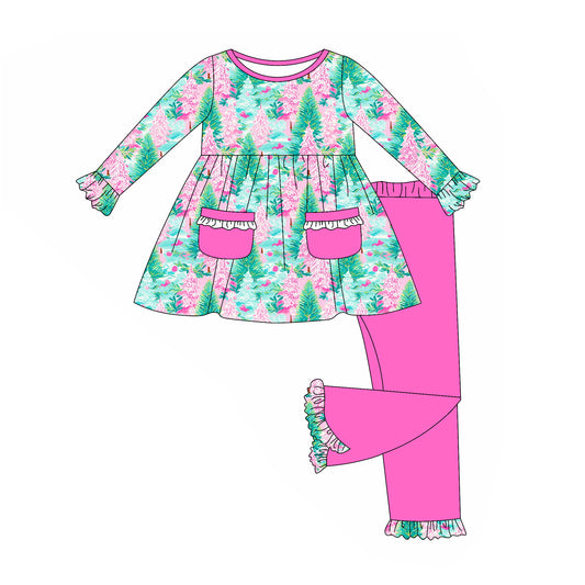 presale GLP2388  Baby Girls Long Sleeves Floral Trees Pockets Tunic Pink Ruffle Pant Clothes Set D 5.23