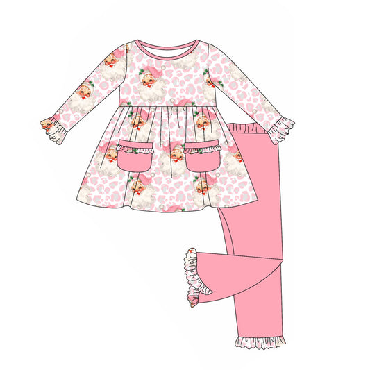 presale GLP2389 Baby Girls Long Sleeves Pink Leopard Santa Pockets Tunic Ruffle Pant Clothes Set D 5.23