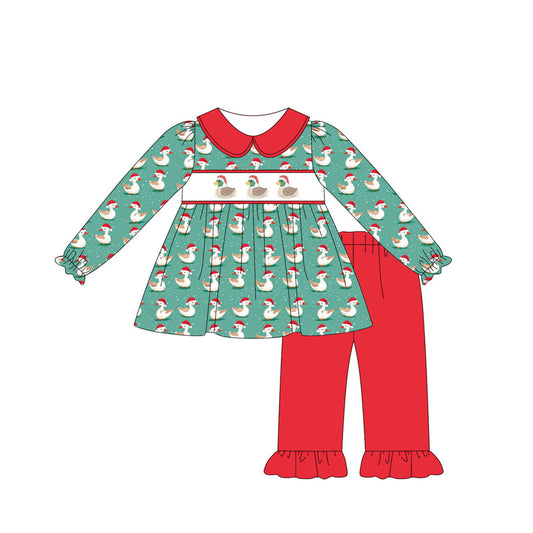 presaleGLP2390 Baby Girls Long Sleeves Green Ducks Plaid Tunic Red Ruffle Pant Clothes Set D 5.23