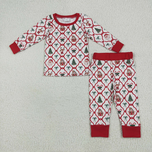 GLP2391 Baby Girls Long Sleeves Bows Gingerbread Plaid Top Pant Pajamas Set D 5.23