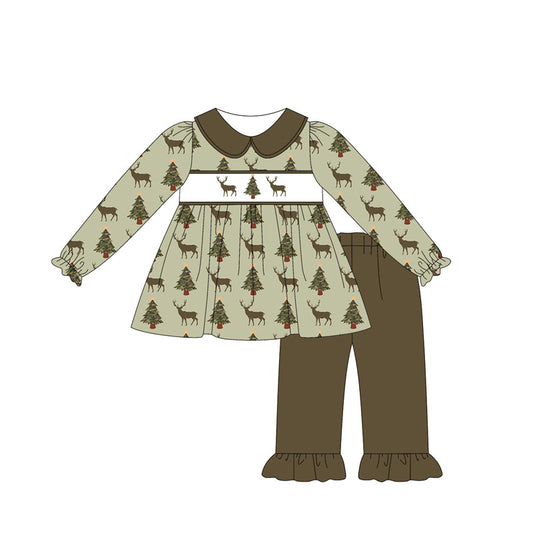 presale  GLP2392  Baby Girls Olive Long Sleeves Deer Trees Tunic Ruffle Pant Set  D 5.23