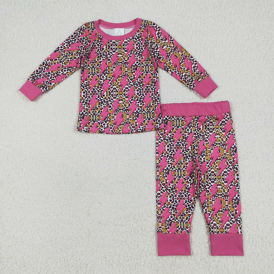 GLP2393 Baby Girls Long Sleeves Pink Lightning Leopard Top Pant Pajamas Set D 6.28