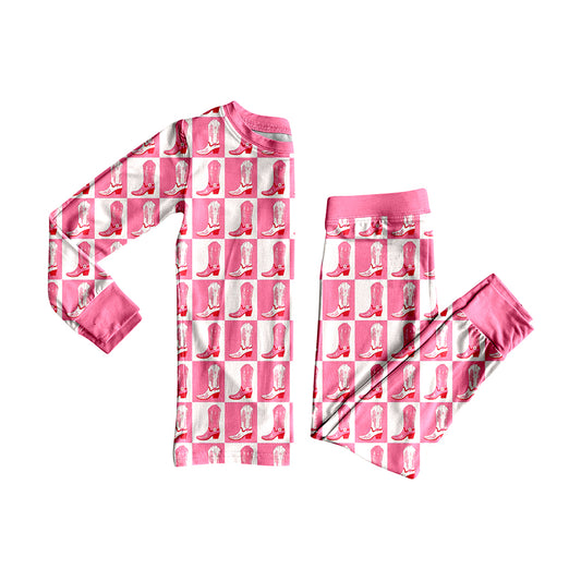 presale GLP2394  Baby Girls Long Sleeves Light Pink Boots Plaid Top Pant Pajamas Set  D 5.24