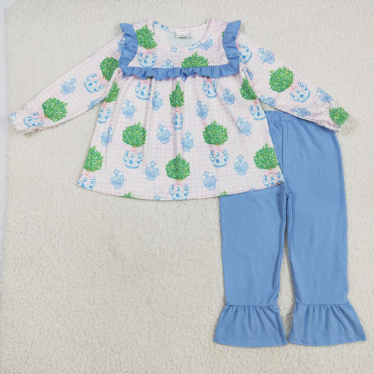 GLP2396 Baby Girls Pink Plaid Long Sleeves Plants Tunic Blue Ruffle Pant Set  D 8.2