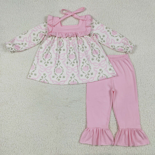 GLP2397  Baby Girls Long Sleeves Pink Pumpkin Ruffle Pants Set