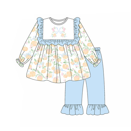 presale GLP2398  Baby Girls Long Sleeves Pumpkins Bows Plaid Tunic Light Blue Ruffle Pant Set D 5.26
