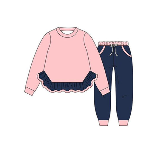 presale GLP2400 Baby Girls Pink Long Sleeves Ruffle Top Navy Pockets Legging Pant Set D 5.29