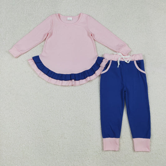 GLP2401 Baby Girls Light Pink Long Sleeves Ruffle Top Purple Pockets Legging Pant Set  D 902