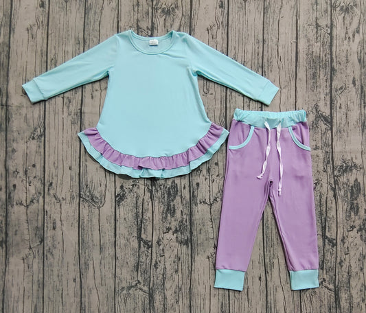 presale GLP2402 Baby Girls Aqua Long Sleeves Ruffle Top Lavender Pockets Legging Pant Set D 7.14