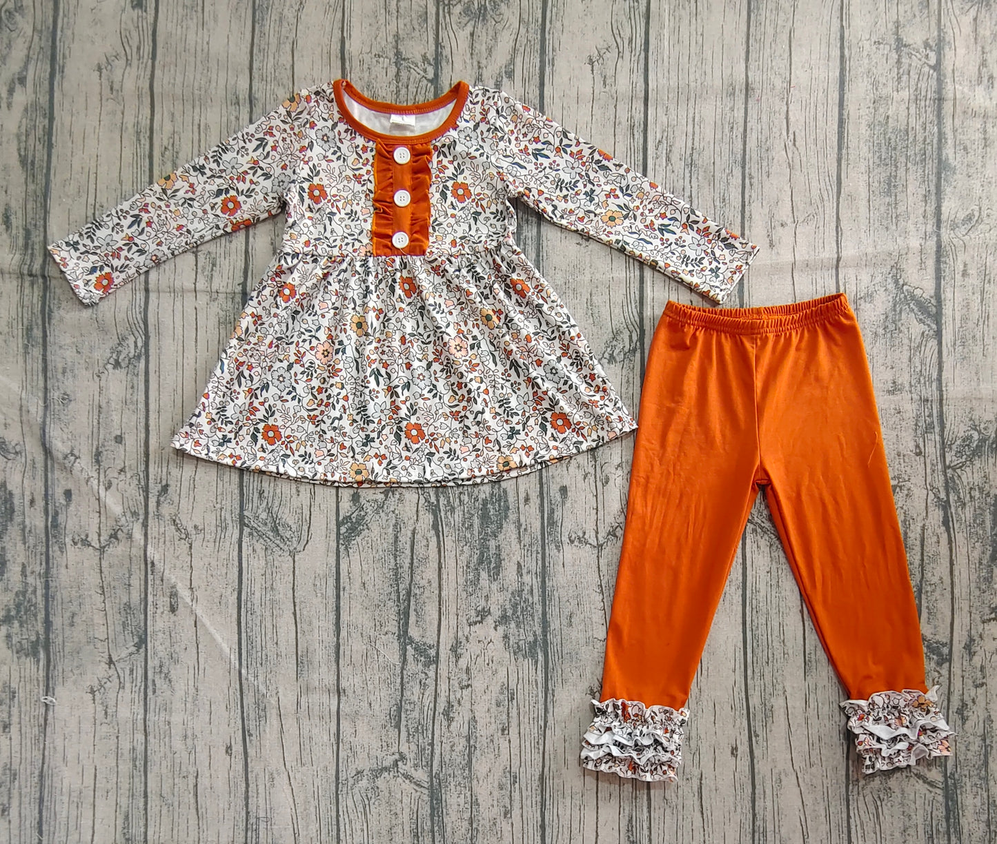 GLP2404 Baby Girls Long Sleeves Orange Floral Button Tunic Ruffle Pant Set D 7.8