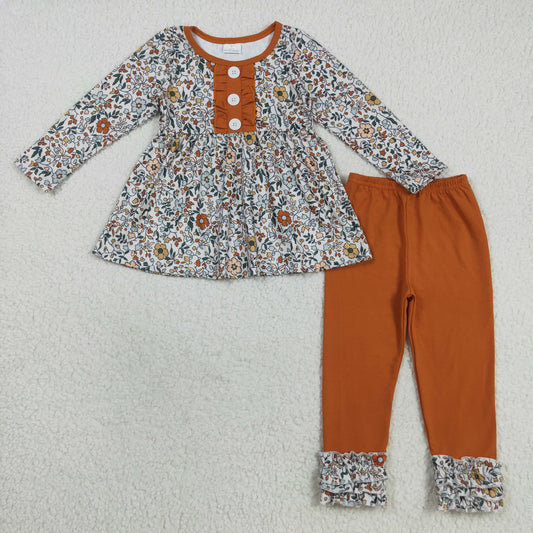 GLP2404 Baby Girls Long Sleeves Orange Floral Button Tunic Ruffle Pant Set D 7.8