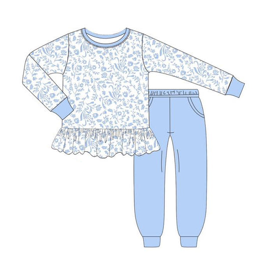 presale GLP2406 Baby Girls Long Sleeves Light Blue Floral Tunic Pocket Legging Pant Set D 5.29