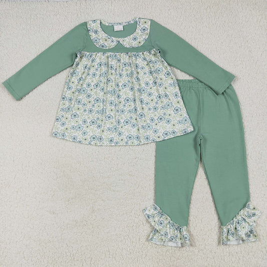 GLP2407 Baby Girls Aqua Long Sleeves Floral Tunic Ruffle Pant Set D 7.5