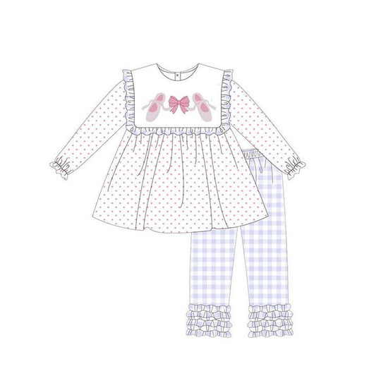 presale GLP2408 Baby Girls Long Sleeves Pink Bow Shoes Polka Dots Tunic Plaid Ruffle Pant Set D 5.29