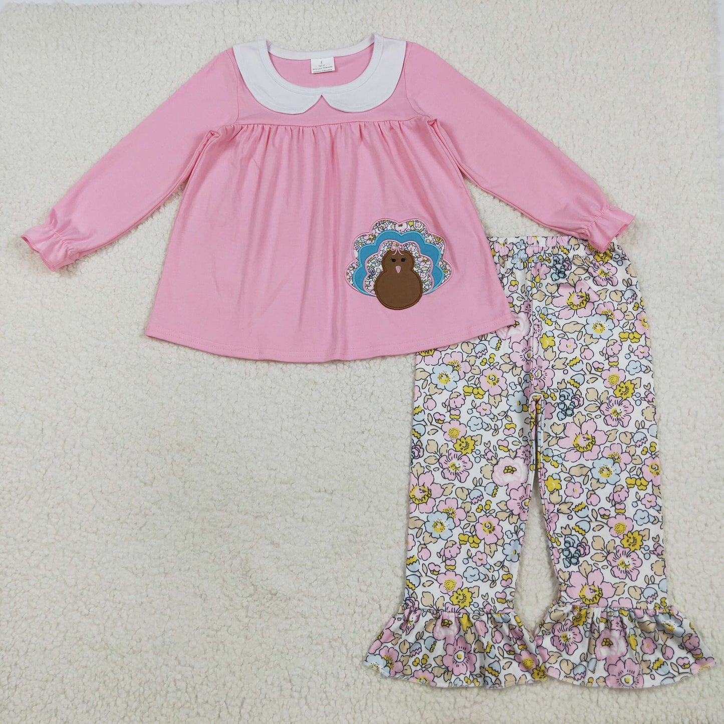GLP2409 Baby Girls Pink Long Sleeves Turkey Tunic Floral Ruffle Pant Set