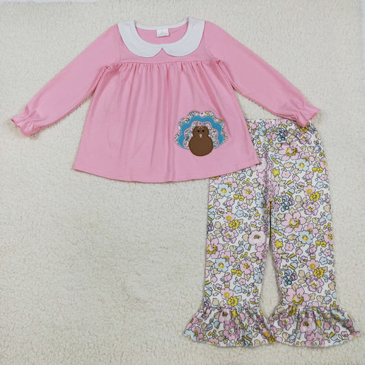 GLP2409 Baby Girls Pink Long Sleeves Turkey Tunic Floral Ruffle Pant Set