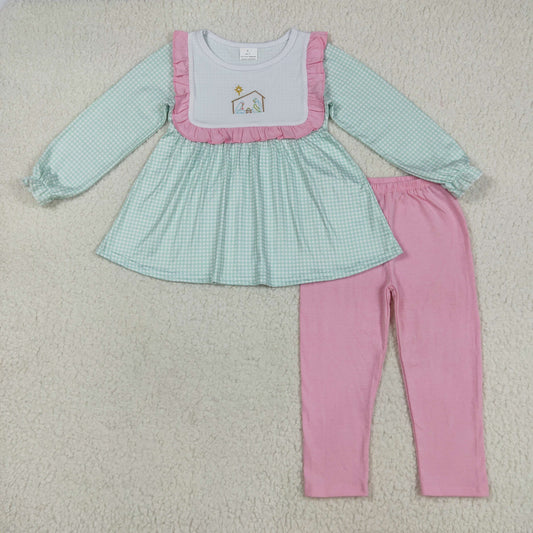 GLP2410 Baby Girls Blue Christmas Nativity Jesus Tunic Pink Legging Pants Sets D 7.14