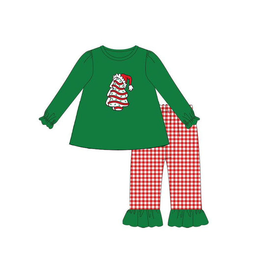 presale GLP2411  Baby Girls Green Long Ruffle Sleeves Tree Hat Tunic Red Plaid Pant Set D 5.29