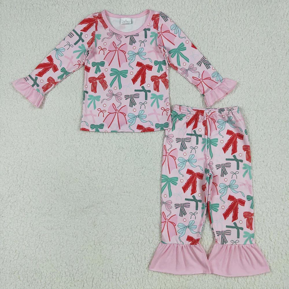 Sibling Baby Girls Pink Colorful Bows Rompers Pajamas Sets  D 7.7