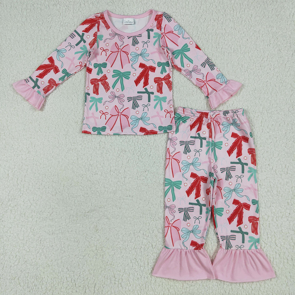 GLP2413 Baby Girls Pink Long Ruffle Sleeves Colorful Bows Pajama Set
