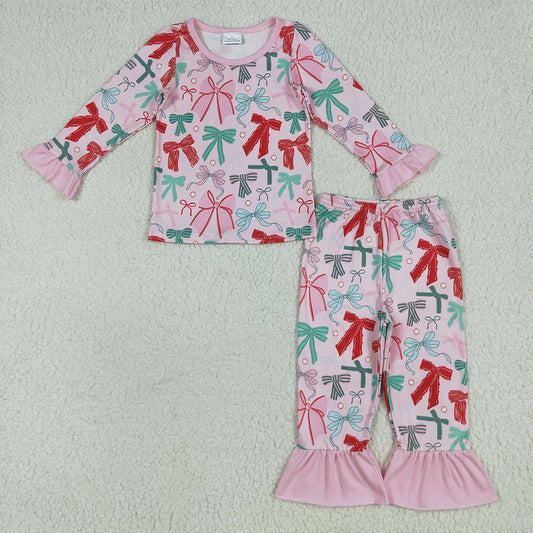 GLP2413 Baby Girls Pink Long Ruffle Sleeves Colorful Bows Pajama Set