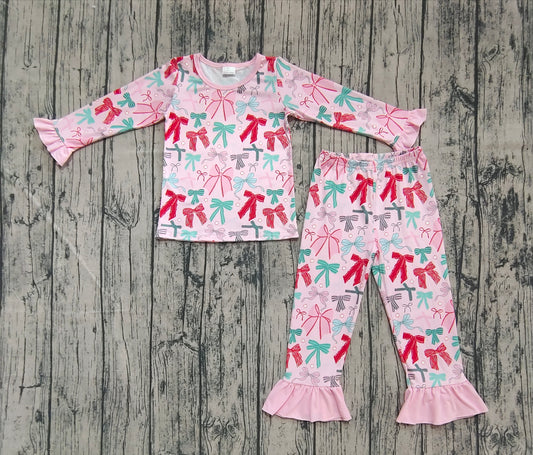 presale GLP2413 Baby Girls Pink Long Ruffle Sleeves Colorful Bows Top Pant Pajamas Set  D 6.5