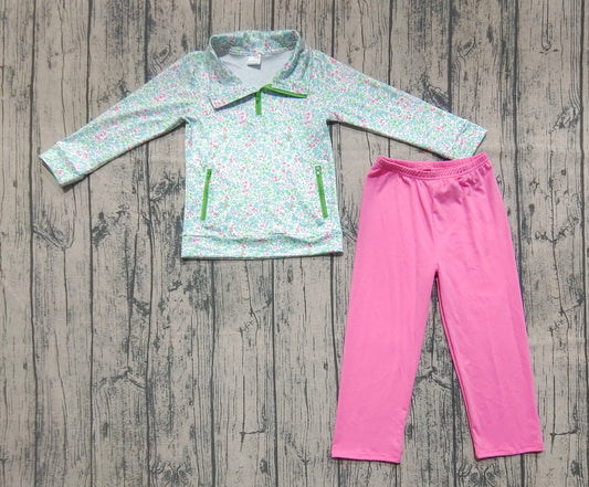 presale GLP2414 Baby Girls Long Sleeves Green Floral Pockets Zipper Top Pink Pant Set D 6.9