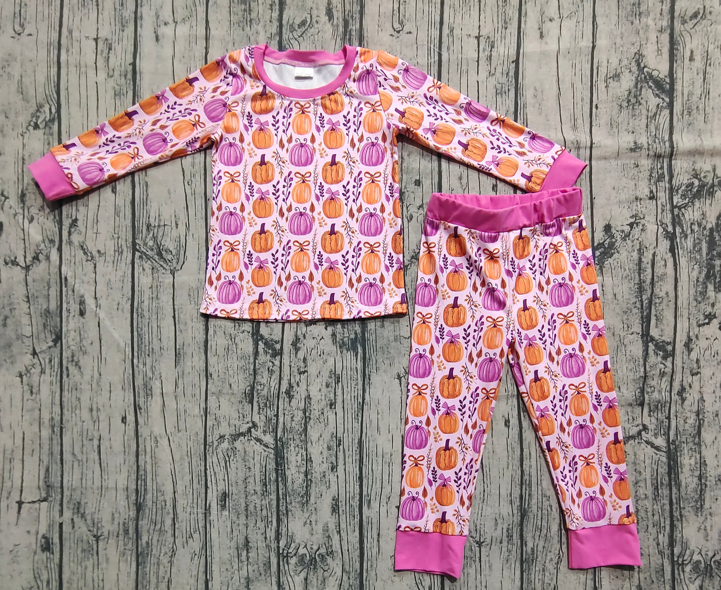 GLP2415 Baby Girls Long Sleeves Hot Pink Floral Pumpkins Top Pant Pajamas Set  D 6.3