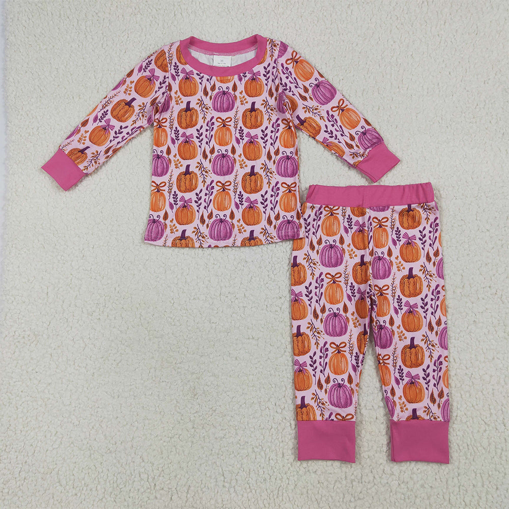 GLP2415 Baby Girls Long Sleeves Hot Pink Floral Pumpkin Pajama Set