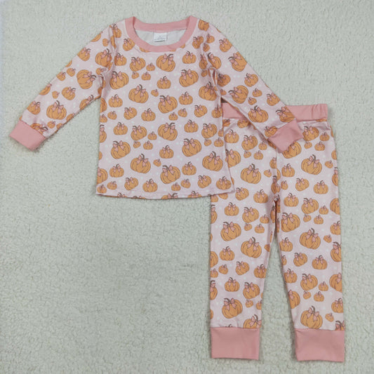 GLP2416 Baby Girls Pink Bows Pumpkins Top Pant Fall Pajamas Set D 8.11