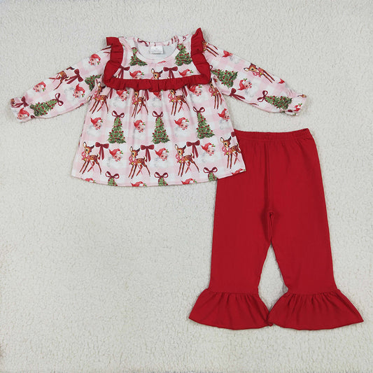 GLP2419 Baby Girls Red Long Sleeves Santa Trees Plaid Tunic Ruffle Pant Set