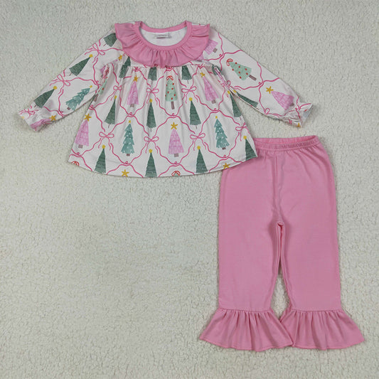 GLP2420 Baby Girls Long Sleeves Trees Bows Plaid Tunic Ruffle Pant Set