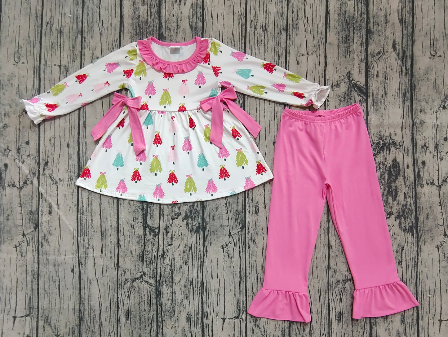 GLP2422   Baby Girls Long Sleeves Bows Trees Tunic Ruffle Pant Set D 6.5
