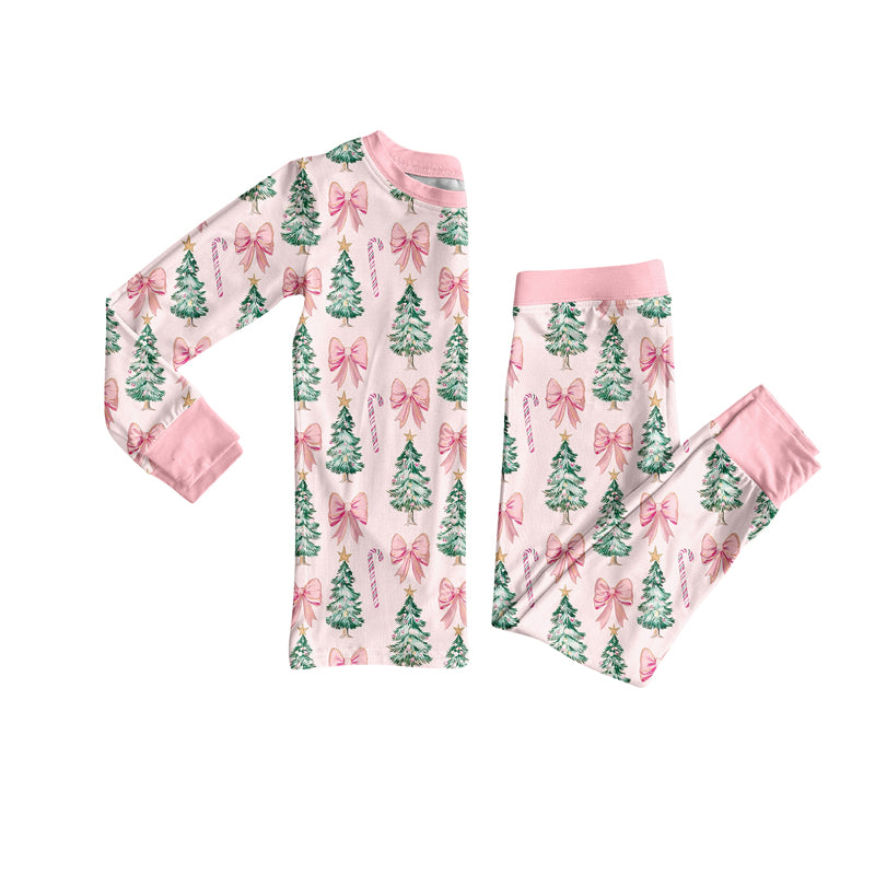 GLP2423 Baby Girls Pink Long Sleeves Bows Trees Top Pant Pajamas Set  D 6.24