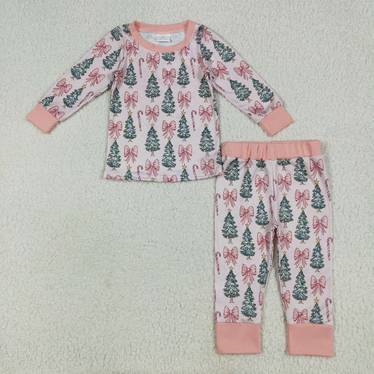 GLP2423 Baby Girls Pink Long Sleeves Bows Trees Top Pant Pajamas Set  D 6.24