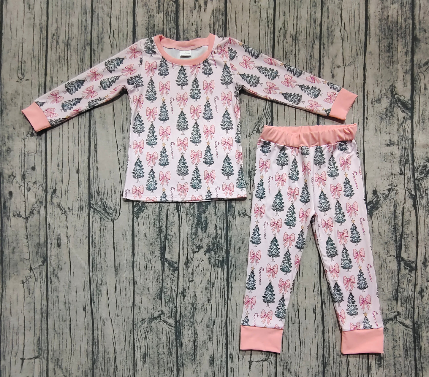 GLP2423 Baby Girls Pink Long Sleeves Bows Trees Top Pant Pajamas Set  D 6.24