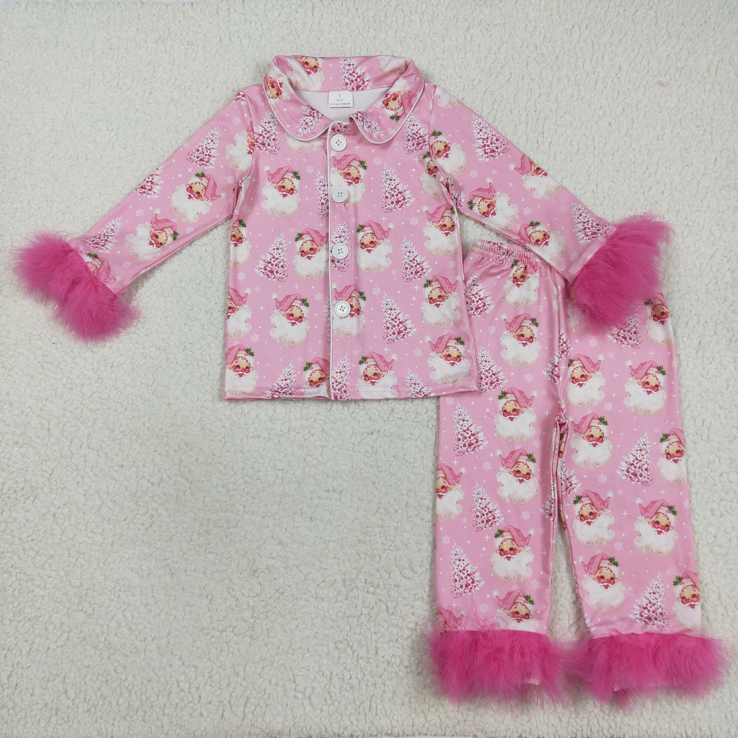 GLP2424 Baby Girls Pink Long Sleeves With Fur Santa Trees Button Top Pant Pajamas Set
