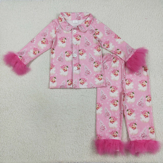 GLP2424 Baby Girls Pink Long Sleeves With Fur Santa Trees Button Top Pant Pajamas Set