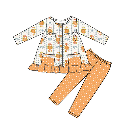 presale GLP2426 Baby Girls Long Sleeves Pumpkins Bows Plaid Pockets Button Tunic Legging Pant Set D 6.3